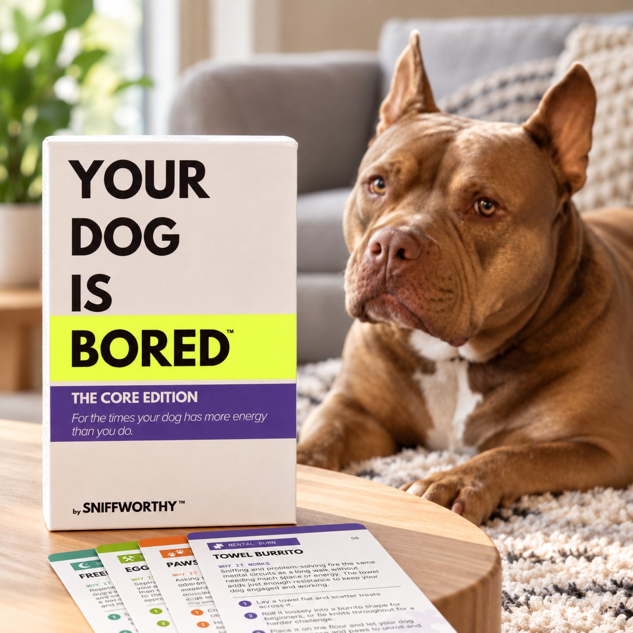 A dog rests on a rug next to the Your Dog Is Bored deck and a fan of activity cards on a coffee table
